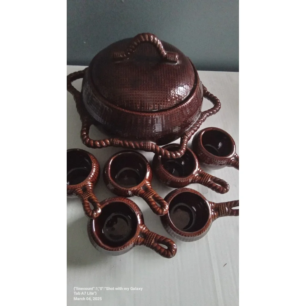 Vintage Ceramic Punch‎ Bowl Set with Ladle Cups Brown Woven Design